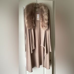 Sioni Faux Fur Trim Cardigan in Heather Taupe - Size Small